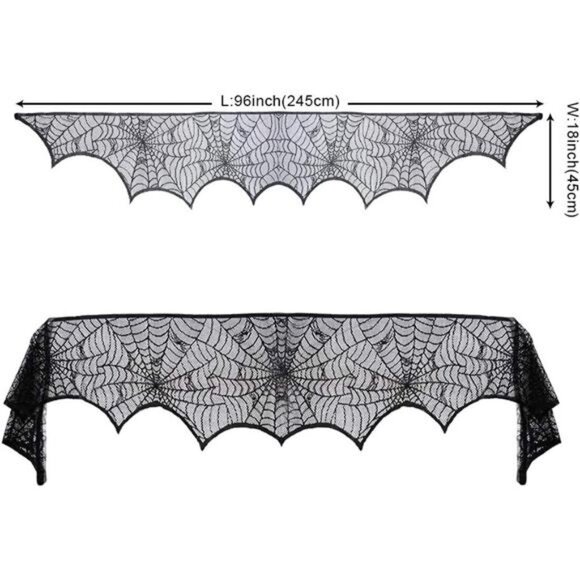 Halloween Cobweb Fireplace Scarf, Black Lace Spiderweb Mantle Scarf - Picture 2 of 8